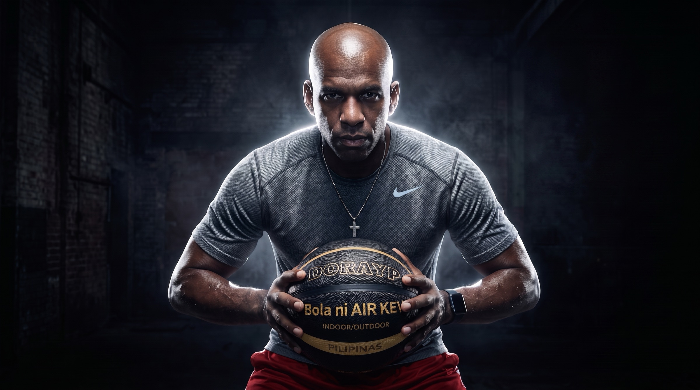 Kevin AIR KEV Duncan holding a basketball, rim-lit against a dark court