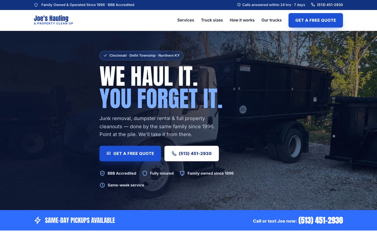 Joe's Hauling & Property Clean Up concept site