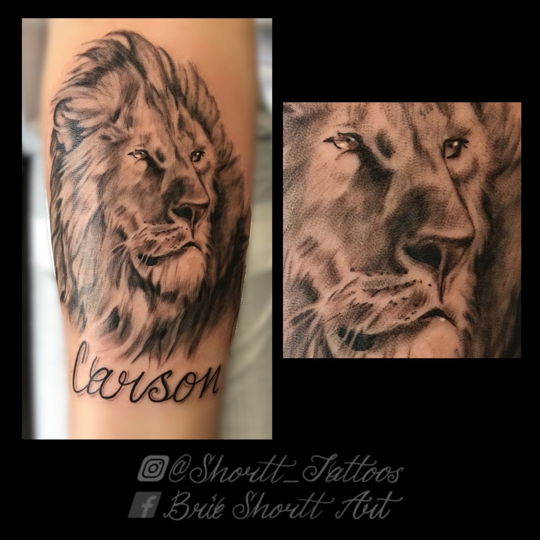 Black and grey lion realism tattoo