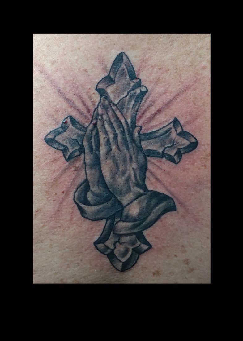 Praying hands with rosary tattoo