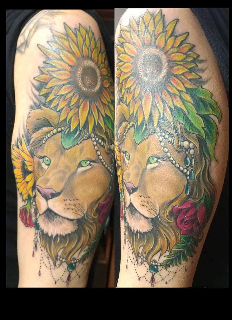 Sunflowers and lion color tattoo