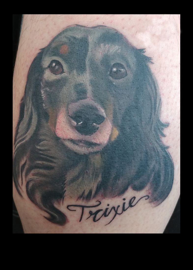 Pet portrait tattoo of a dog