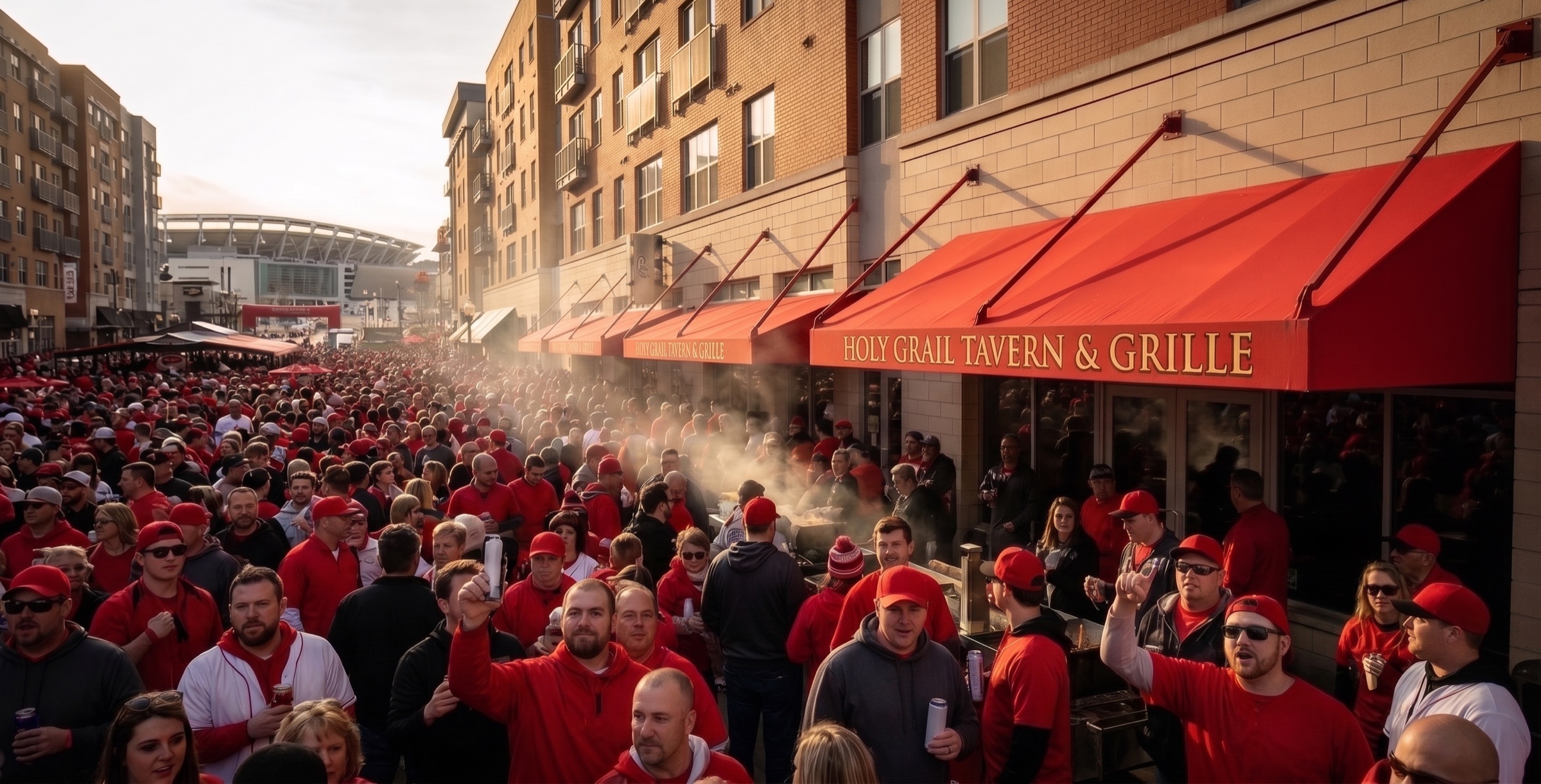 Reds fans packed under the Holy Grail Tavern & Grille awnings at The Banks, Great American Ball Park in the background
