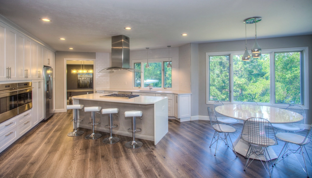 Modern kitchen with wide-plank flooring