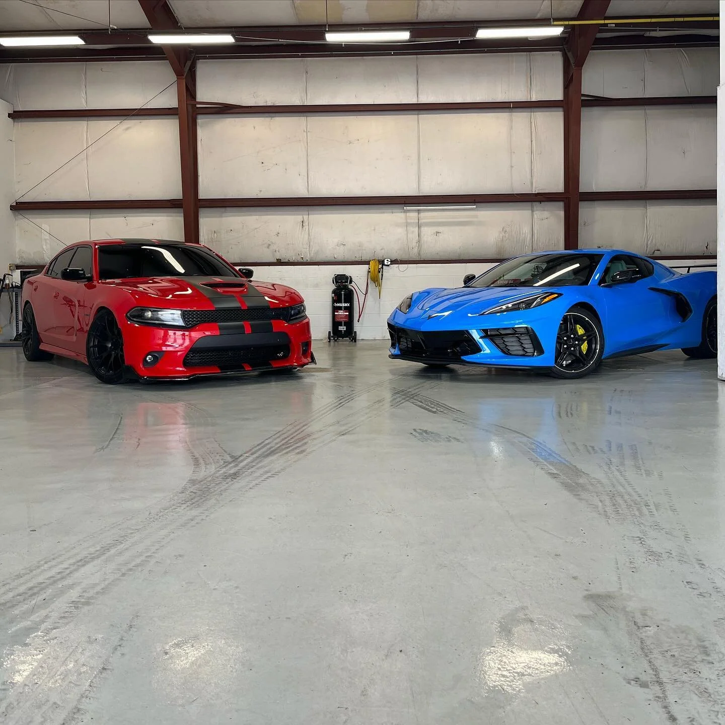 Dodge Charger and Corvette Stingray in the Reed Auto shop