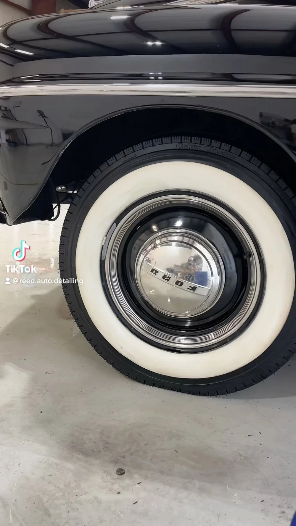 Classic Ford whitewall tire detailed to a shine