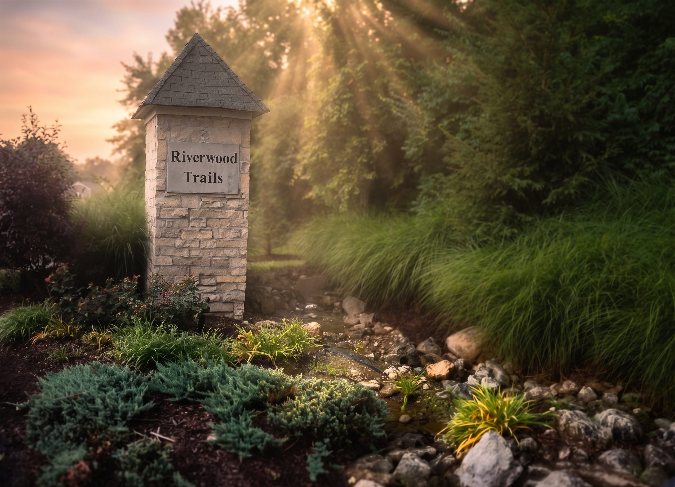 The Riverwood Trails stone entrance sign at sunrise