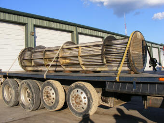 Very large stainless shell and tube bundle arriving by truck